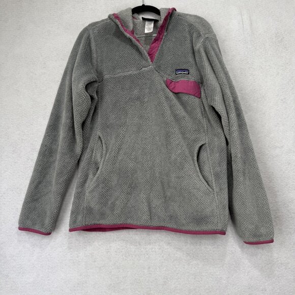 Patagonia Sweater Womens Large Gray Pink Hooded Fleece Pullover Synchilla Lining - Picture 1 of 9